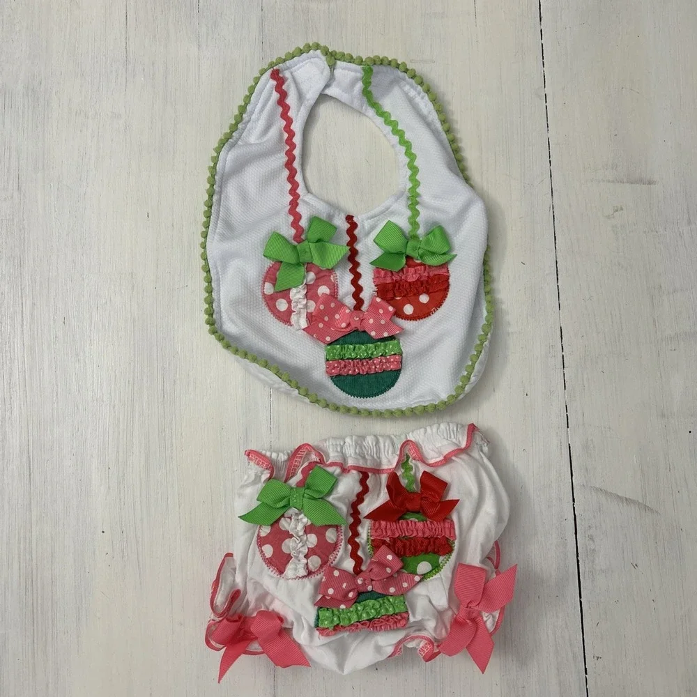 Christmas Set 0-6 Mo Baby Girl Green/Pink/White Bib‎ Bloomers B137